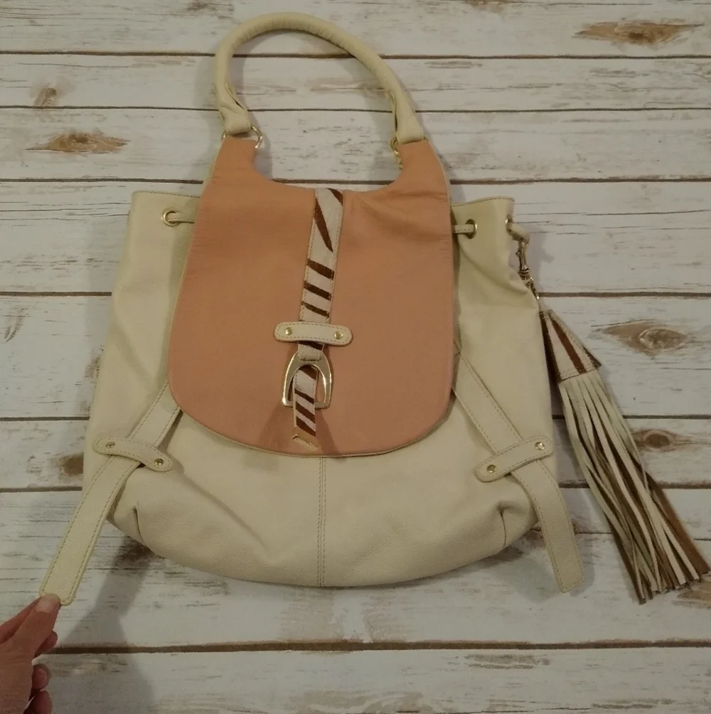 Sharif Cream and Pink Large Leather Shoulder Bag